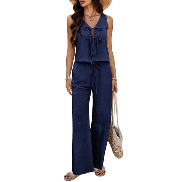 Conjunto de 2 Piezas para Mujer, Chaleco con Cuello en V y Cintura Anudada, Pantalones Casuales de Pierna , Azul Marino, L