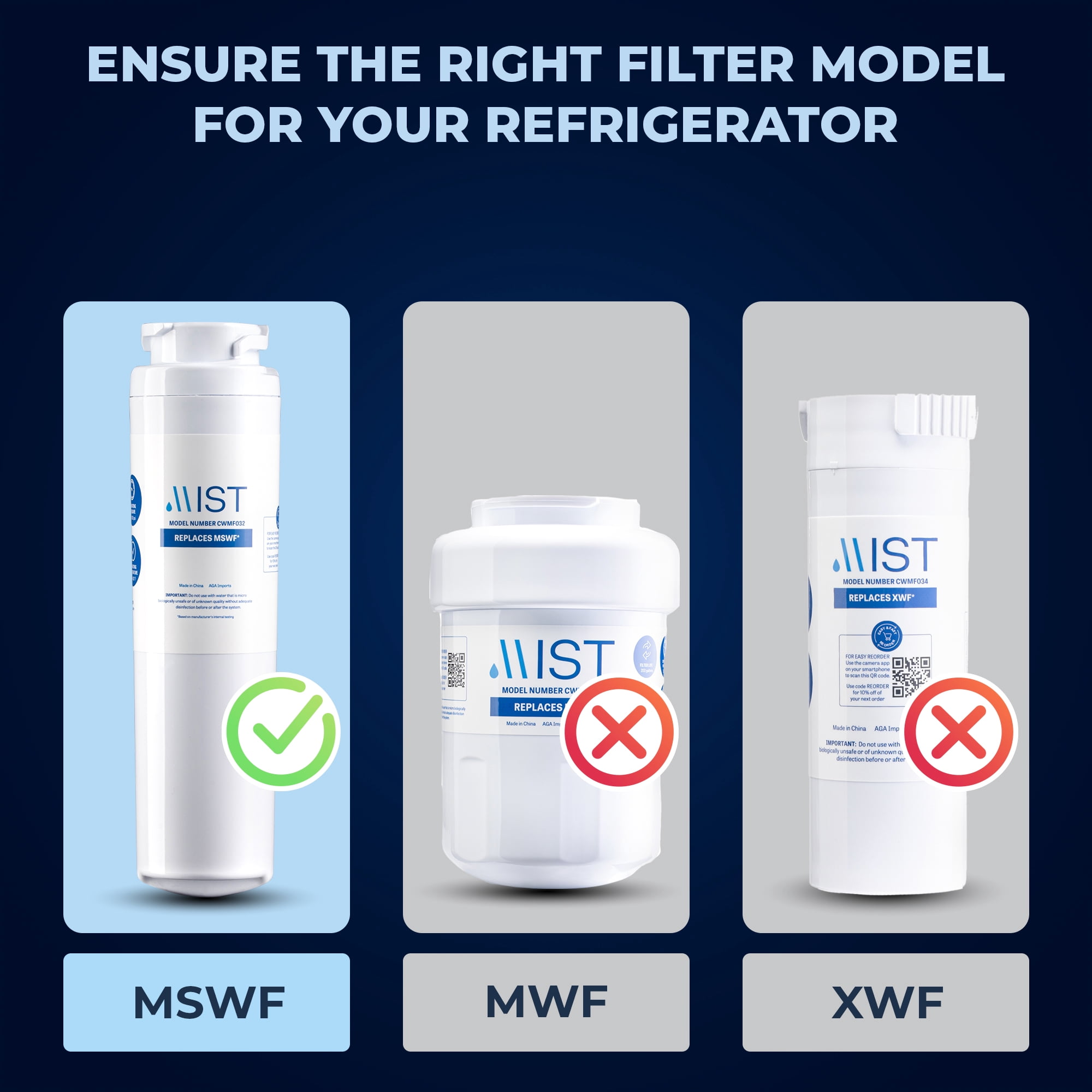 Mist MSWF Refrigerator Water Filter Replacement Cartridge for GE, Refrigerator Water Filter compatible with 101820A, 101821B, 101821. GE MSWF, 3-pack