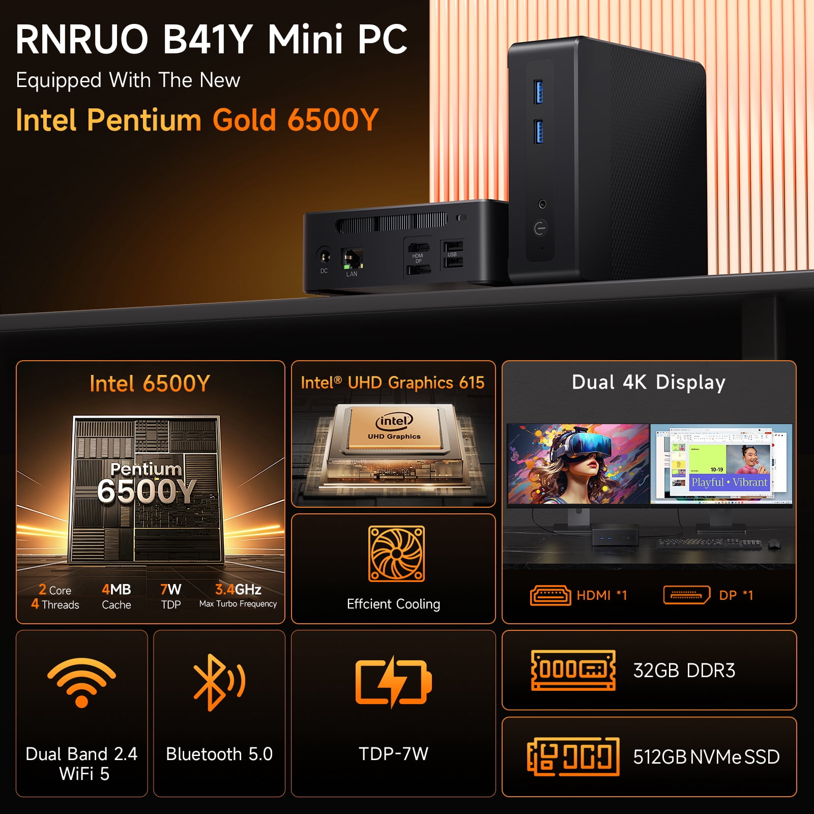 RNRUO Mini PC, 32GB RAM 512GB NVME Desktop Mini Computers, Intel 6500Y With 2 Cores up to 2.6GHz, WiFi 6 BT5.0 VESA Windows 11 for Laptop, Monitor