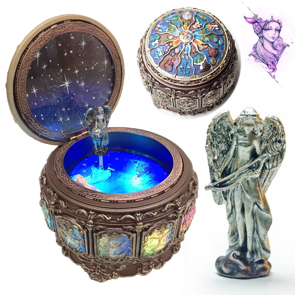 Vintage Musical Box 12 Constellations Music Box with Constellations Rotating Goddess LED Lights Classic Music Box for Gift MAGT Music Box Aquarius