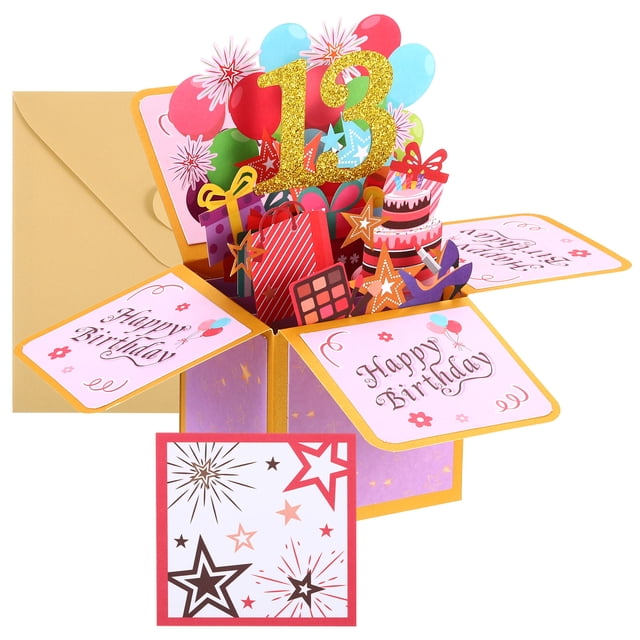 Tarjeta de cumpleaños número 13 de Uxcell, tarjeta de cumpleaños emergente con tarjeta de saludo y sobre, con foil dorado