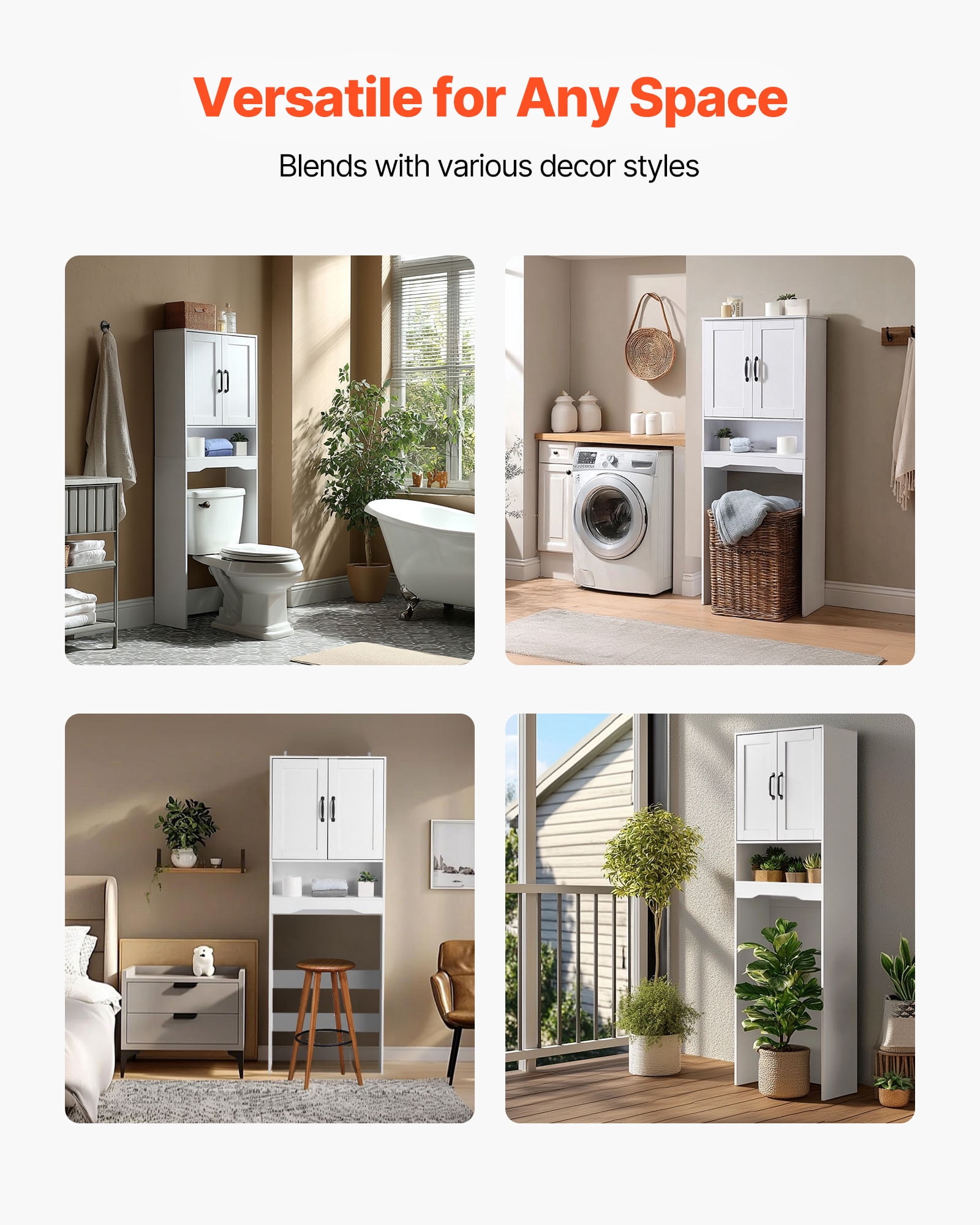 VEVOR Over The Toilet Storage Cabinet, 65 in Height Bathroom Storage Organizer with Double Door and Adjustable Shelf, Bathroom Space Saver Organizer Above Toilet with Open Shelf, White