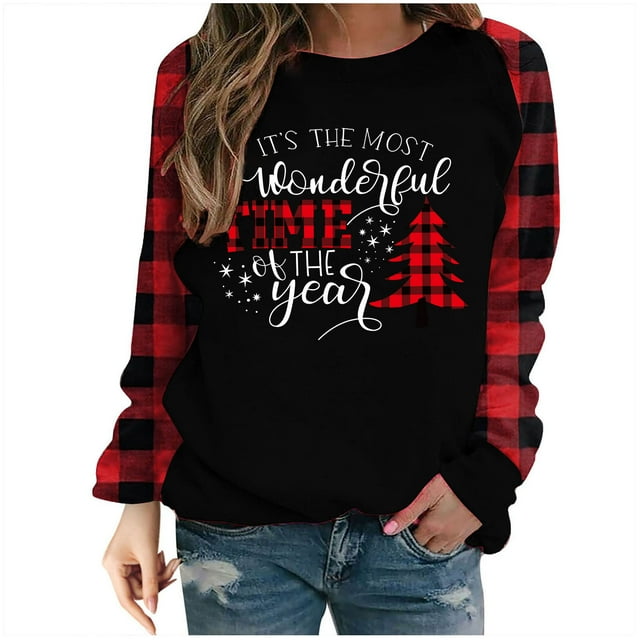 Hauts de Noël pour Femmes Manches Longues Mode Décontractée Imprimée Chandails en Molleton pour Dames
