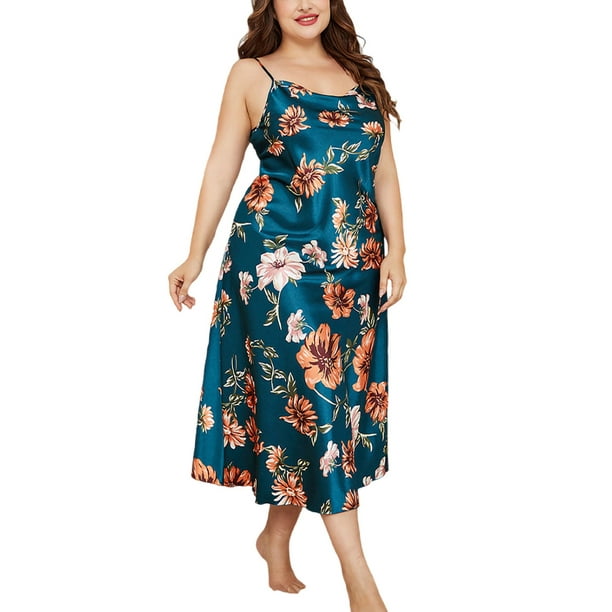 Avamo Women Sleepwear Plus Size Nightgowns Sleeveless Sleep Dress Hawaiian  Tank Party Night Blue 5XL 