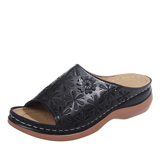 CHICVOMEY Women's Sandals 2025 Comfortable Low Wedge Summer Sandals with Floral Cut-Out Breathable Slip-On Open Toe Sandals for Women Non-Slip Casual Walking Sandals Outdoor