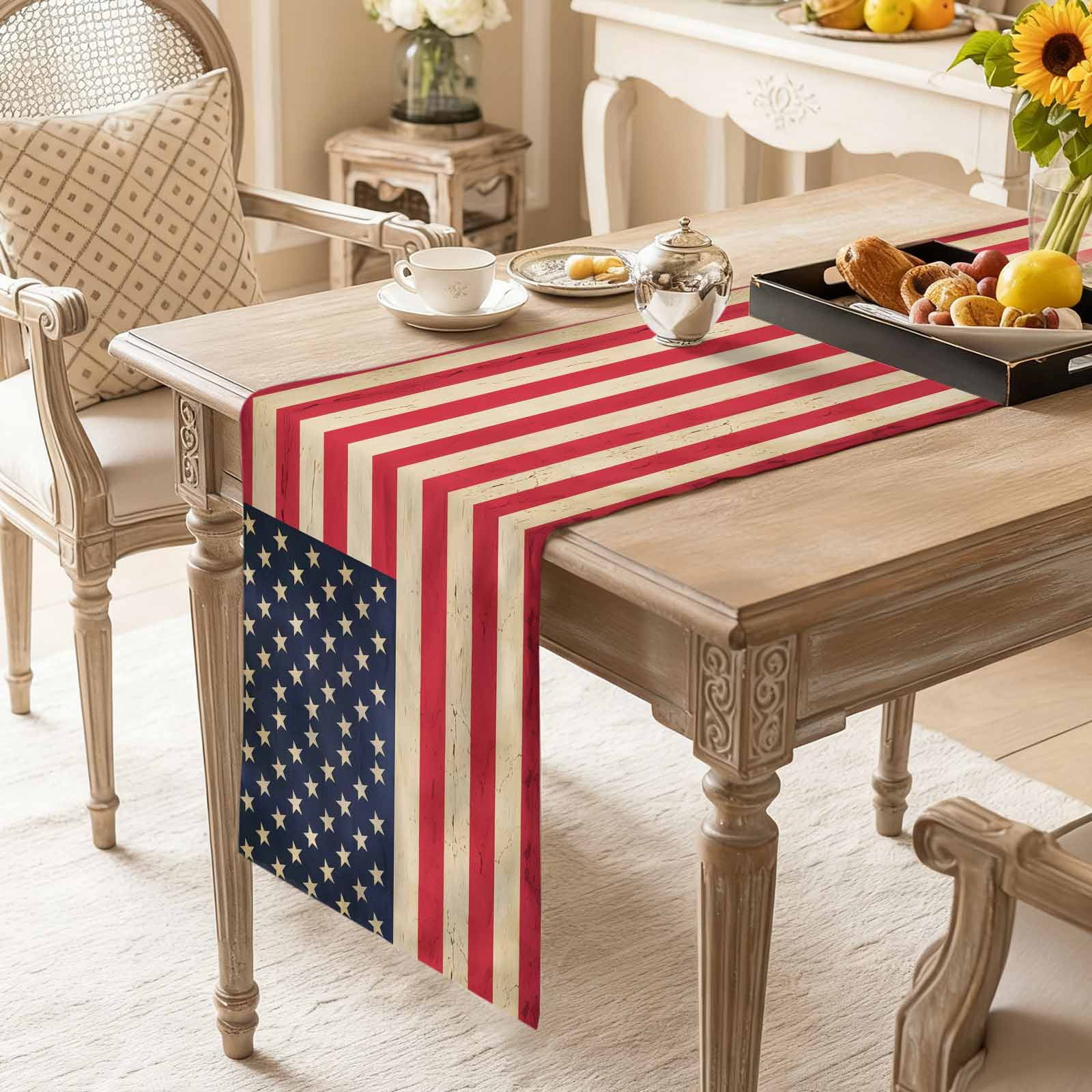Vintage American Flag Table Runner-70 Inch Long Red White Striped Table Runners Linen Burlap Tablerunner for Kitchen Dining Room Holiday Party