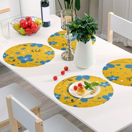 

Round Grid Placemat One Sizex1 Round Placemat PVC Plate Mat，15.4 Inch Non-Slip and Heat Resistant Table Placemat Dining Room Placemat Blue Cartoon Flower