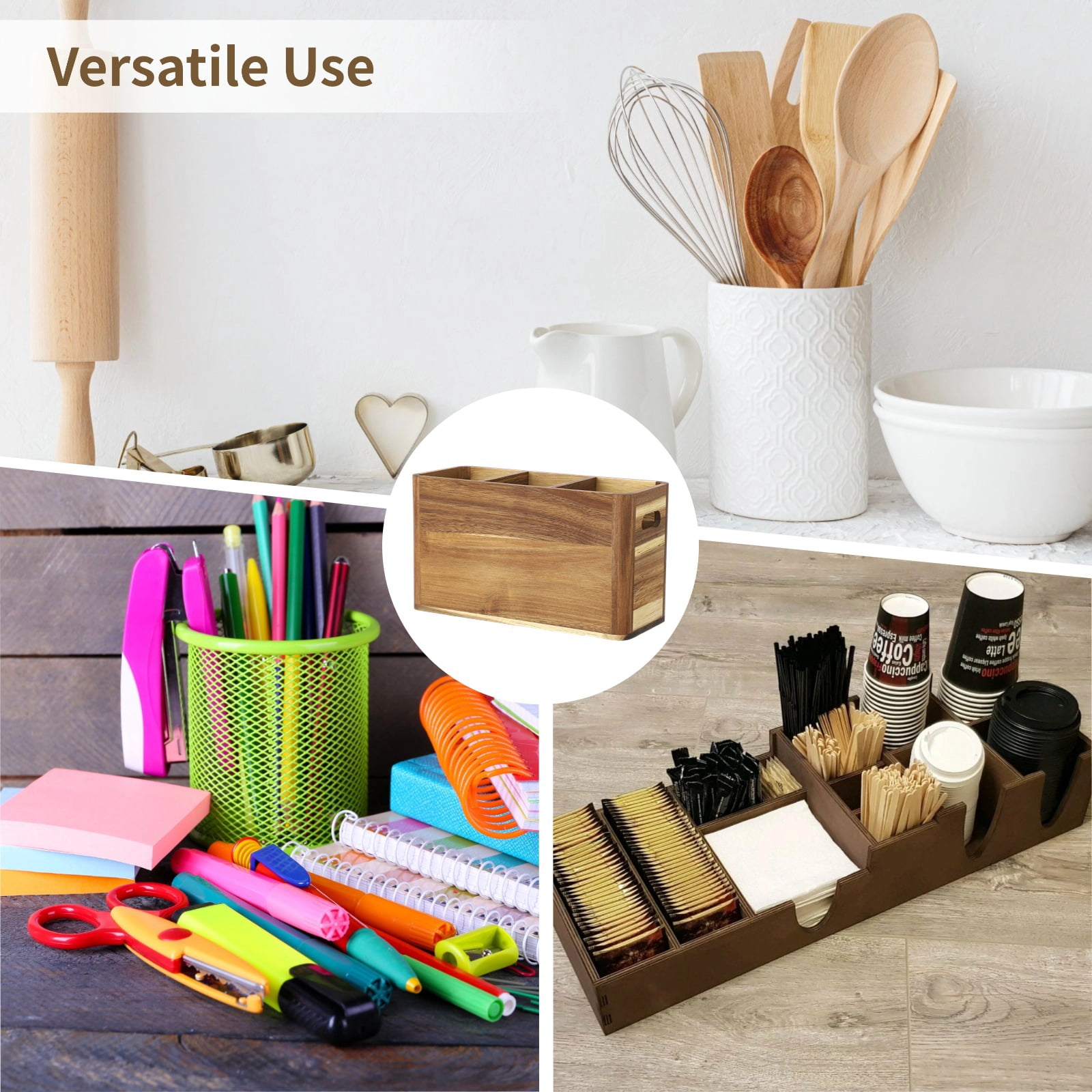3-Compartment Wooden Kitchen Utensil Holder Organizer, Large Wood Utensil Container with Removable Dividers, 12 x 4.7 x 6.8 in, Wooden Storage for Cooking and Silverware