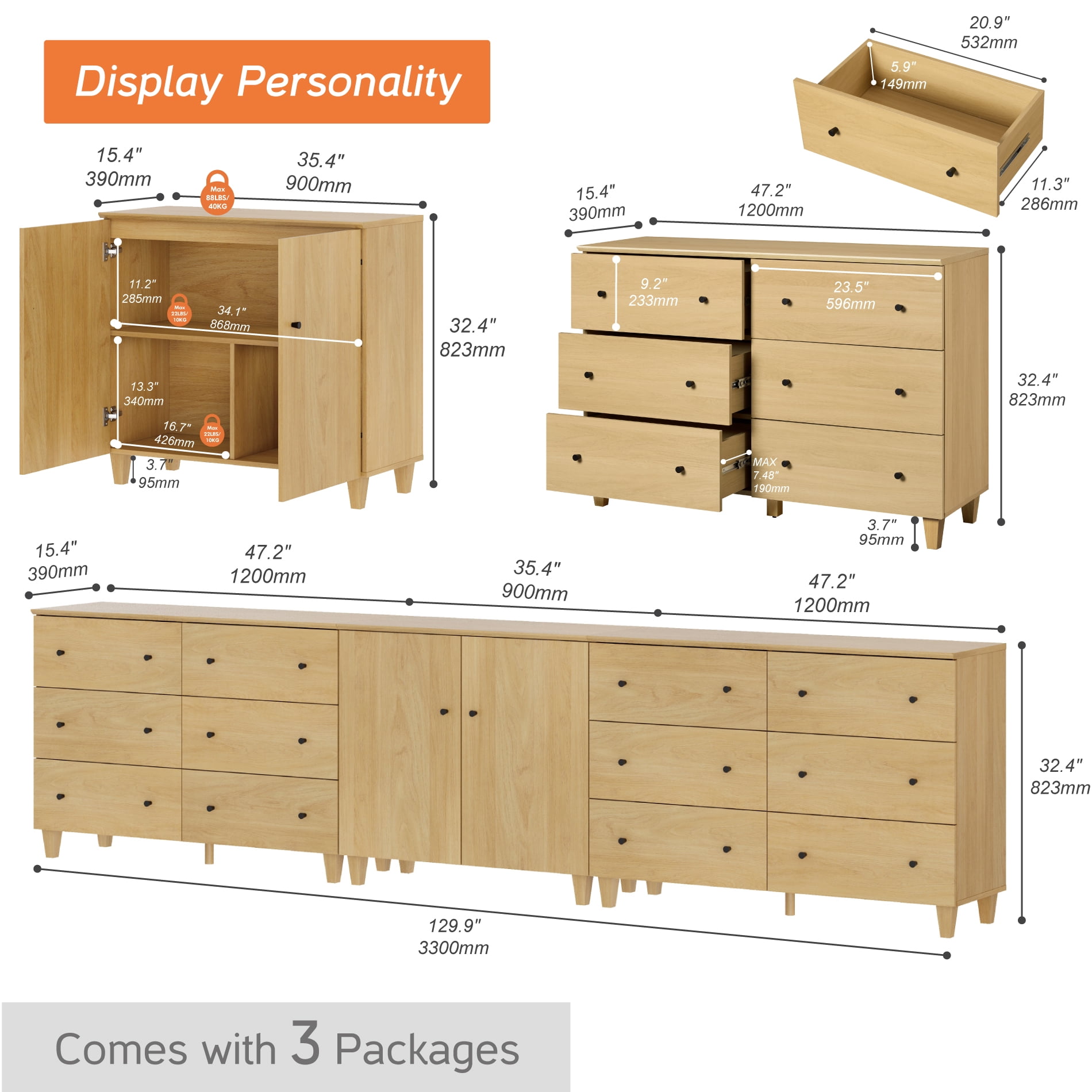 WAMPAT Wide TV Stand for 110+ Inches TVs, 3-in-1 Modern Wooden Media Console with 12 Spacious Drawers and 1 Storage Cabinet for Living Room, Oak