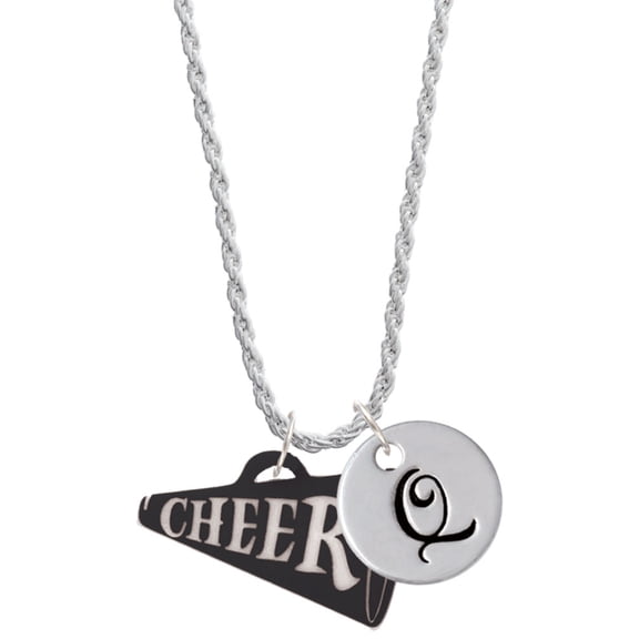 Delight Jewelry Acrylic 1.25" Black Cheer Megaphone Silvertone Script Initial Disc - Q - Charm Necklace, 20"+3"