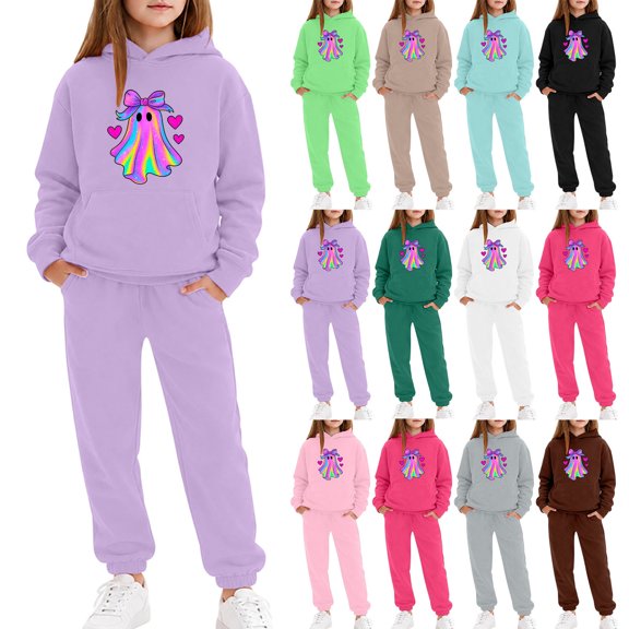 Shadoumai Girls Halloween Outfits Casual Printed Long Sleeve Hoodie Pants Stretch Light Fabric Daily Lounging Clothes Kid Trendy Two Piece Outfit