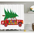 thumbnail image 1 of Christmas Shower Curtain Set, Red Vintage Car with Xmas Tree Merry Christmas Quote and Santa Snowman Elf, Bathroom Decor, Red Green White, by Ambesonne, 1 of 1