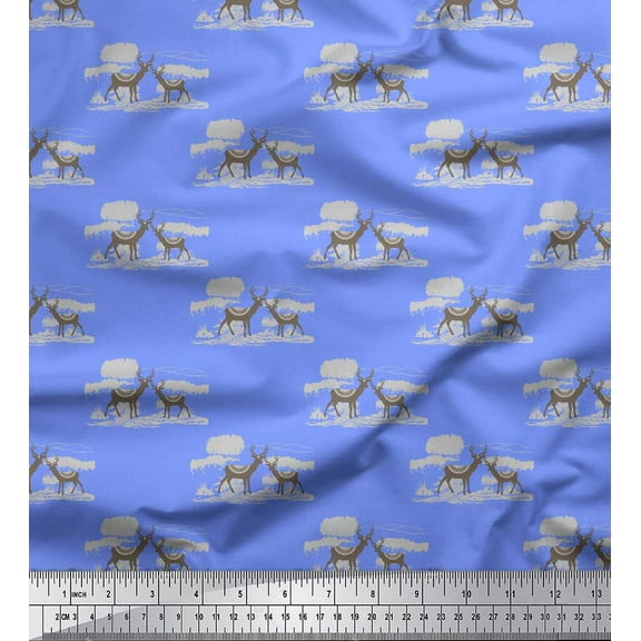Soimoi Blue Cotton Duck Fabric Landscape & Reindeer Animal Fabric Prints By Yard 42 Inch Wide