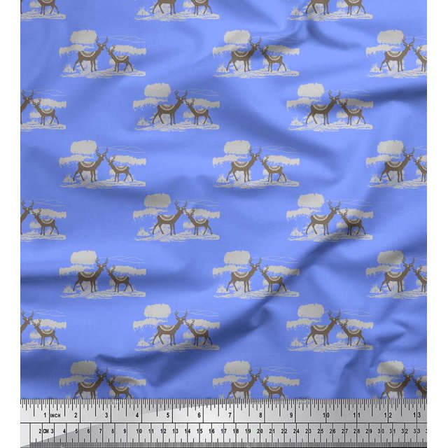 Soimoi Blue Moss Georgette Fabric Landscape & Reindeer Animal Fabric Prints By Yard 42 Inch Wide