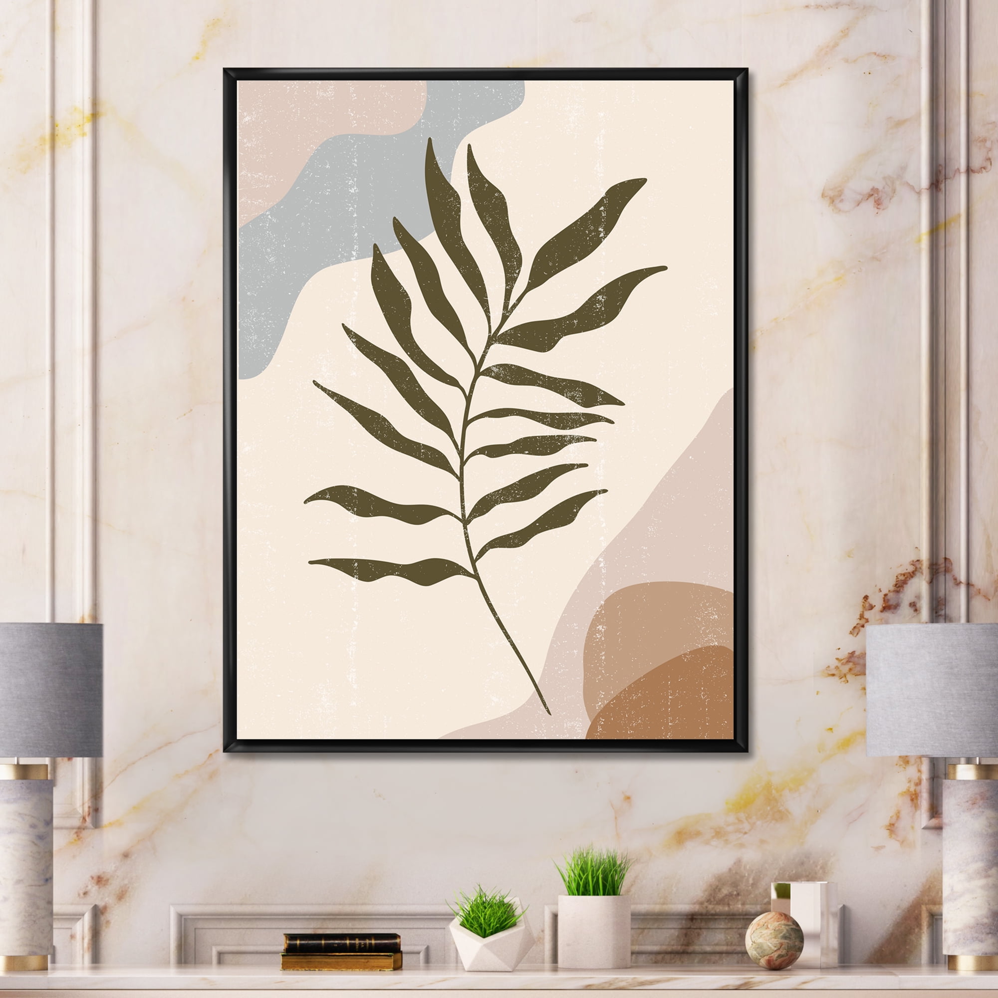 Designart 'Abstract Botanical Minimalist Leaf In Earth Tones I' Modern Framed Canvas Wall Art Print