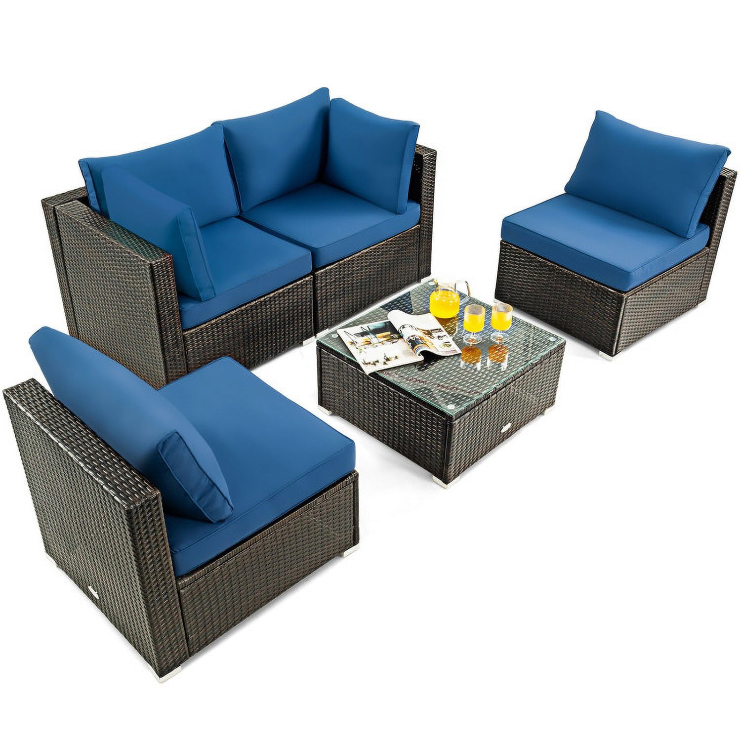 Aimee Lii 5 Pieces Cushioned Patio Rattan Furniture Set with Glass Table, Outdoor Patio Set, Navy Aimee Lii 5 Pieces Cushioned Patio Rattan Furniture Set with Glass Table, Outdoor Patio Set, Navy