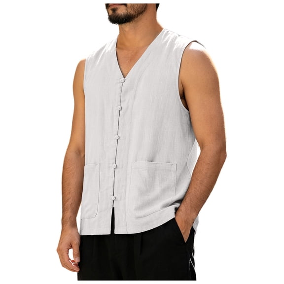 RFQWOVSR Mens Cotton Linen Summer Vest with Chinese Knot Buttons Loose Fit Retro M