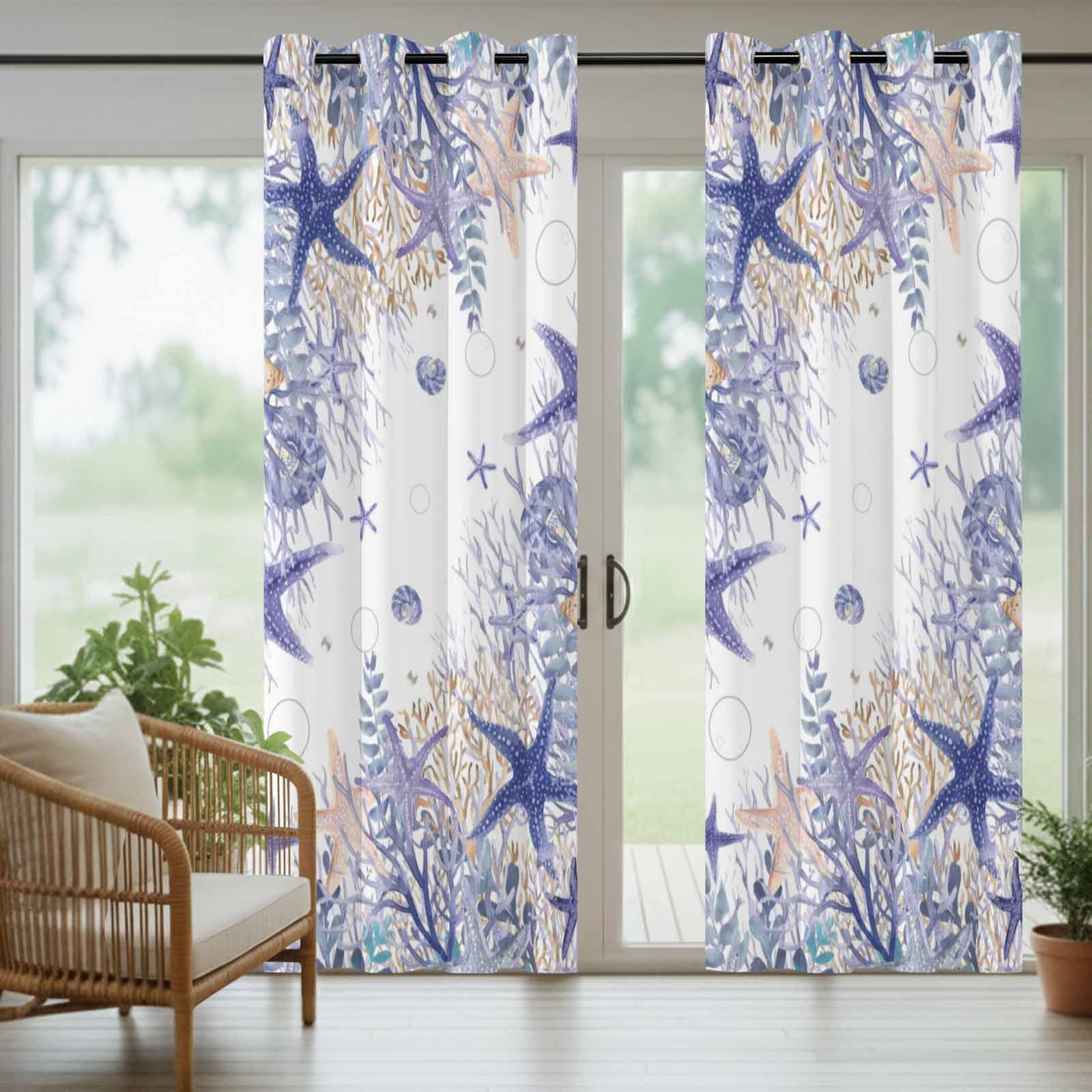 Summer Marine Life Outdoor Curtains for Patio, Watercolor Purple Starfish Ocean Bubble Sunshade Privacy Drapes Grommet Waterproof Outside Curtains for Porch/Cabana/Balcony 54"x 108", 1 Panel
