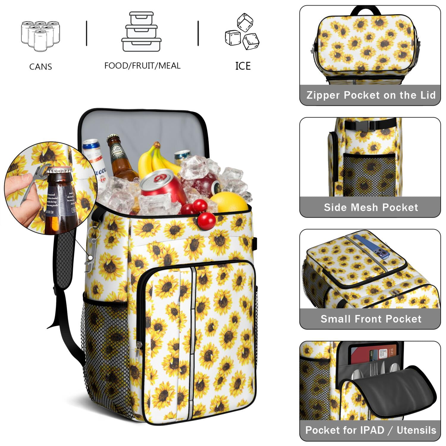 Travel Cooler Bag - White Sunflower Camping Beer Cooler Backpack with Bottle Opener- Waterproof Insulated Picnic Backpacks - Cooler Bag for Beach