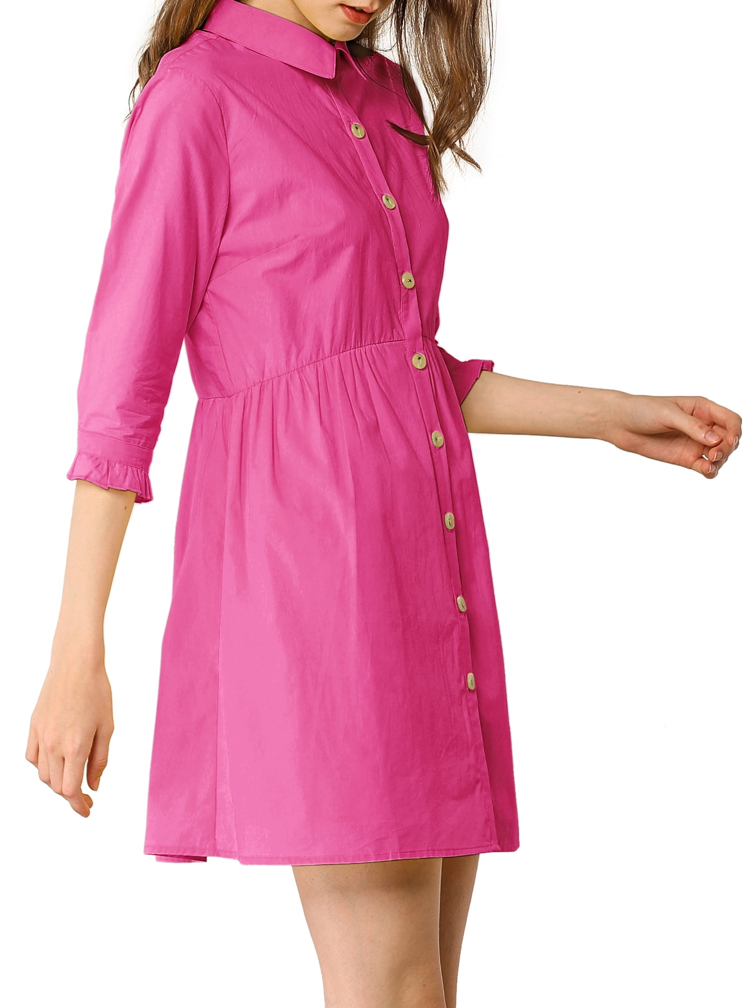DARING DIVA Elegant Collar Flare 3/4 Sleeve Button Mini Shirt Dress L Fuchsia