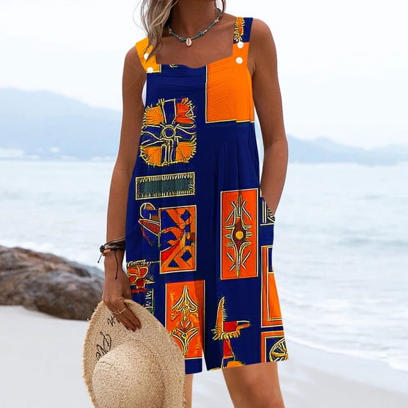 Pounoo Women's Jumpsuits Square Neck Sleeveless Colorblock Print Overalls Bohemian Resort Lightweight Wide Leg Rompers Gift