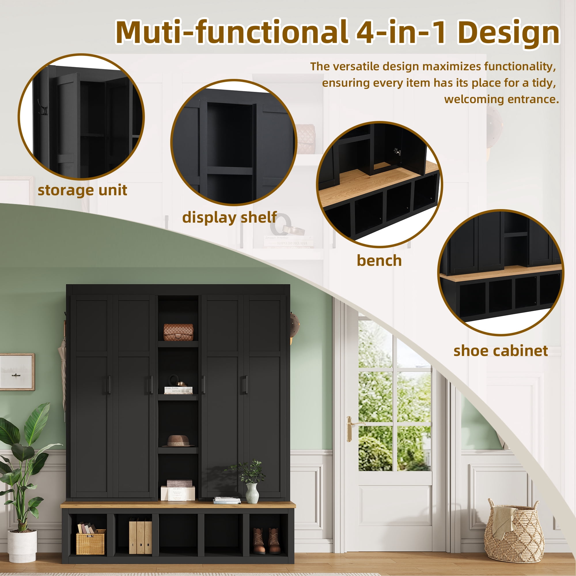 Farmhouse 4-in-1 Hall Tree with 6 Hanging Hooks, 62.9''W Mudroom Wood Grain Bench Shoe Organizer with Cubbies, Entryway Coat Rack with Storage Shelves for Hallway, Living Room