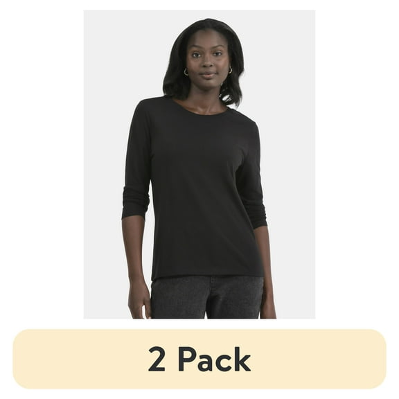(2 pack) Time and Tru Women's Cotton Crewneck Tee with Long Sleeves, Sizes XS-XXXL