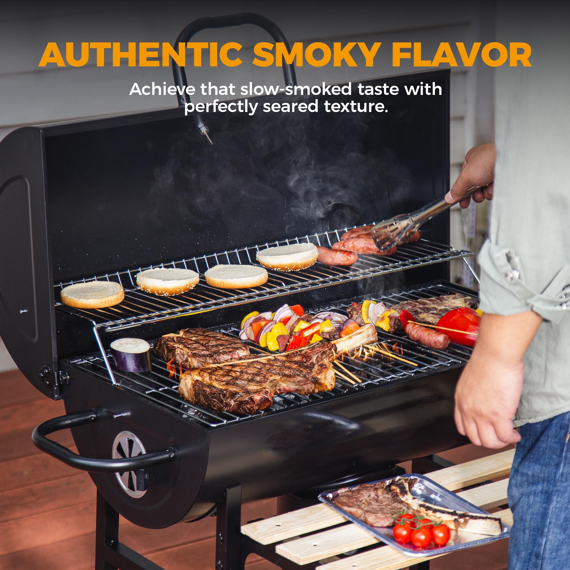 MASTER COOK 30" Barrel Charcoal Grill, Foldable Side Table, Outdoor Smoker Grill with Adjustable Air Vents & Thermometer for Backyard, Picnic