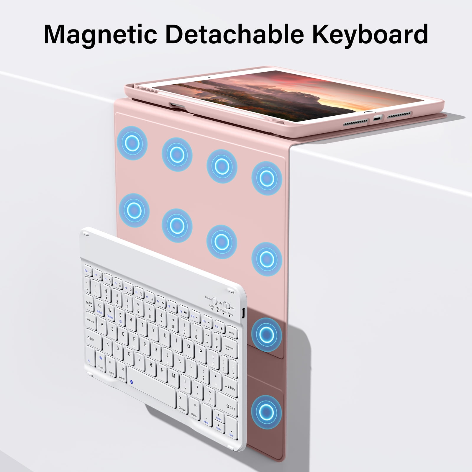 Aoub iPad 9th/8th/7th Generation Keyboard Case with Pencil Holder, Stand Folio Detachable Wireless Bluetooth Keyboard Cover, Soft TPU Back Smart Case for iPad 10.2 inch 2021/2020/2019, Pink