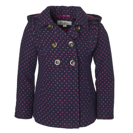 Cremson Girls' Wool Blend Hooded Ruffle Winter Dress Pea Coat Jacket - Navy Dots (Size