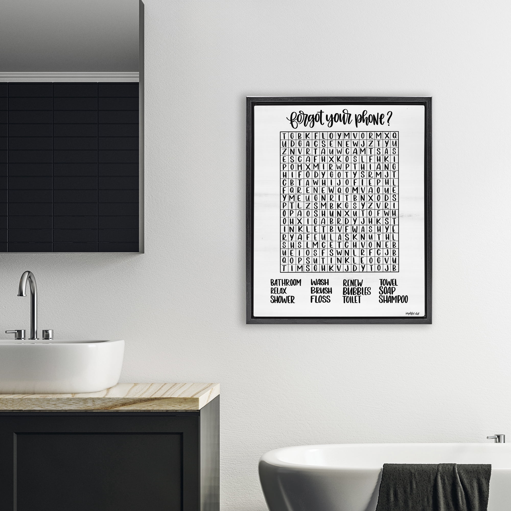 Stupell Industries Forgot Phone Bathroom Wordsearch Black Framed Floater Canvas Wall Art, design by Imperfect Dust