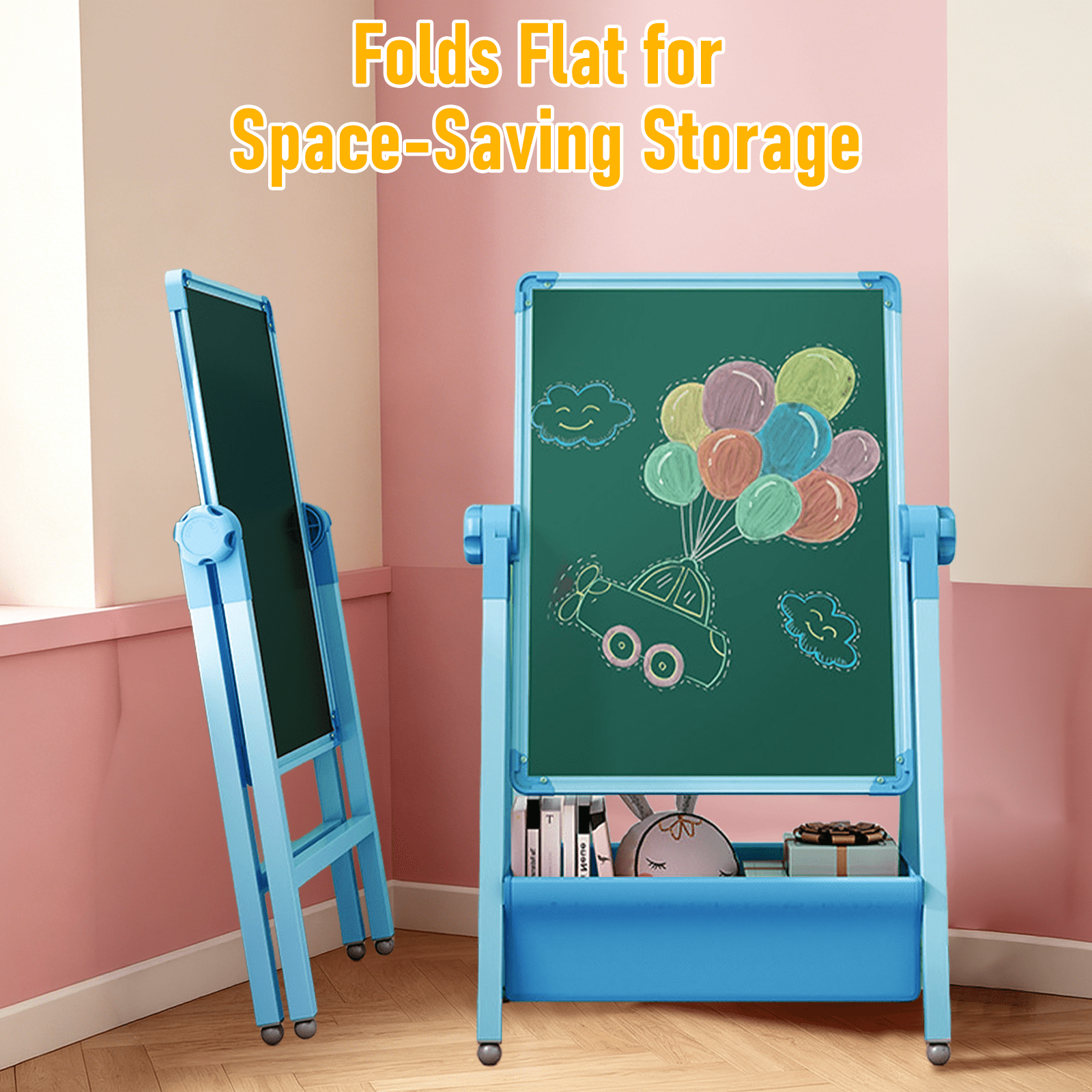 Art Easel for Kids, Double Sided Magnetic Kids Easel, Adjustable 360°Rotating Whiteboard & Chalkboard for Boys and Girls, Blue