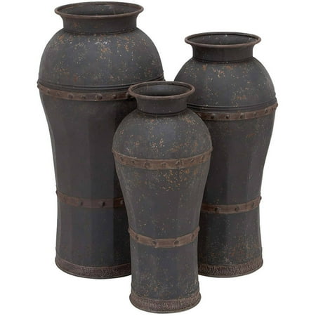 - Set Of 3 Metal Vase With Antique Weathered Finish