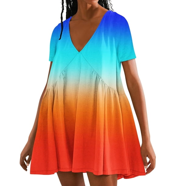 Puntoco Vestido De Manga Corta Con Cuello En V, Vestido De Manga Corta De Verano De Color Sólido Para Mujer Azul Xl