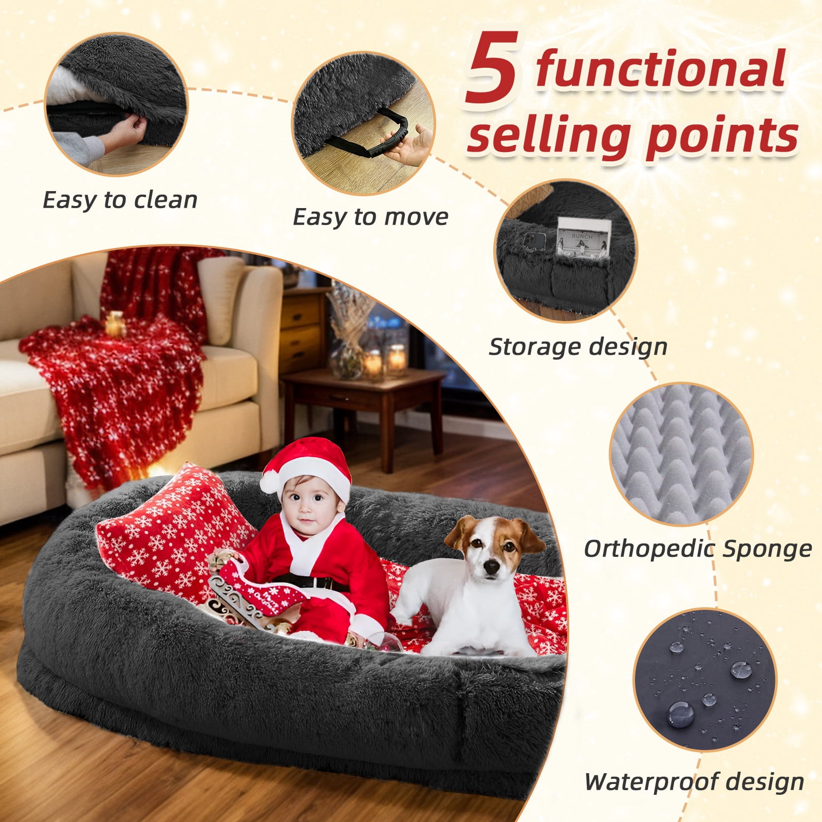 Dokdogs Human Dog Bed, 70"x44"x11" Size Fits You and Pets, Washable Faux Fur Dog Bed for People Doze off, Napping Orthopedic Dog Bed, Present Plump Pillow, Blanket, Strap - Darkgrey Christmas Edition