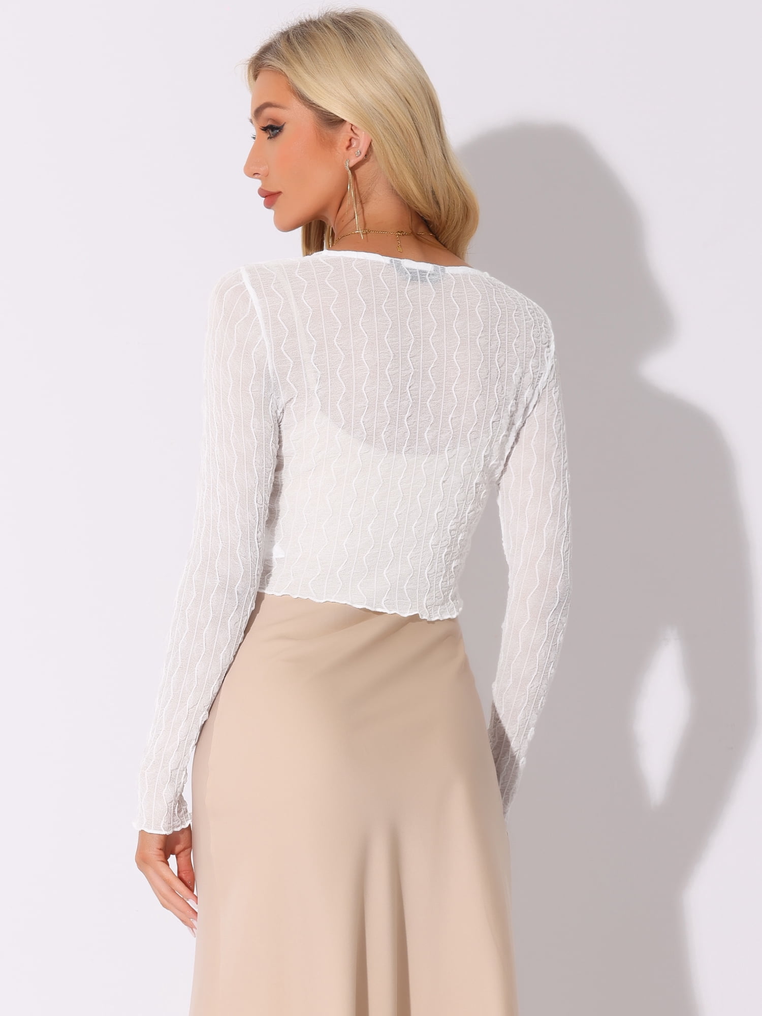 DARING DIVA Women's Bolero Shrug Sheer Mesh Tie Front Textured Crop Shrug M White