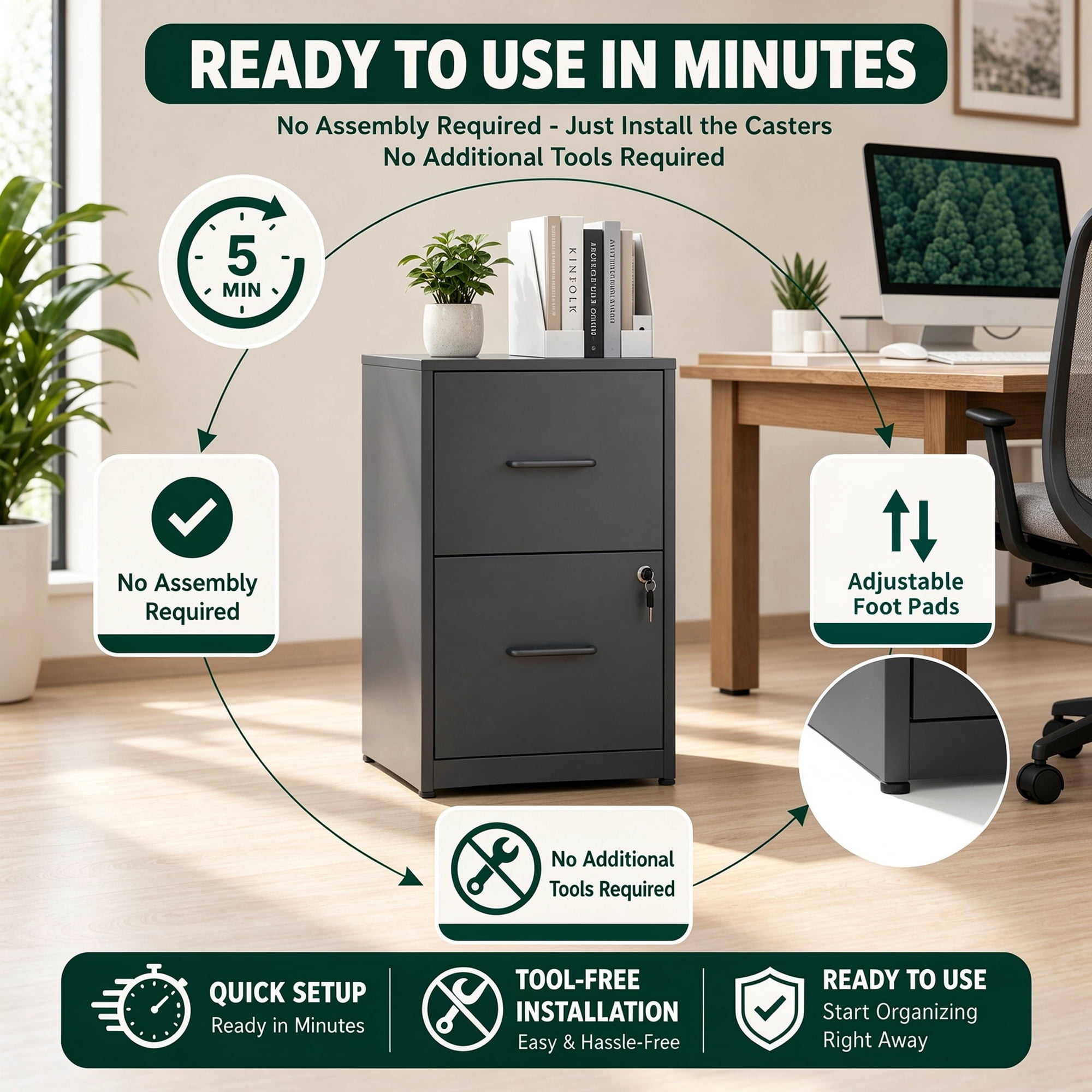 2 Drawer Lockable Metal File Cabinet, Vertical Under Desk Steel Filing Cabinet with Wall Anti-Tip Kit, Adjustable Hanging Rails, Heavy Duty Office Storage Cabinet for Letter/Legal Size Files