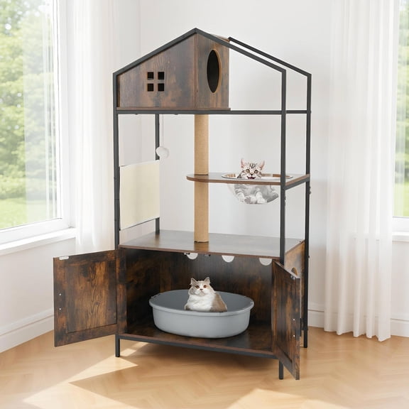 Yardi Yarda Cat Tree w/Litter Box Enclosure & Multi-level Condo Furniture, Corner Cat Tree, Cat Climbing Tower, Cat Towers for Indoor Cats-Rustic Brown