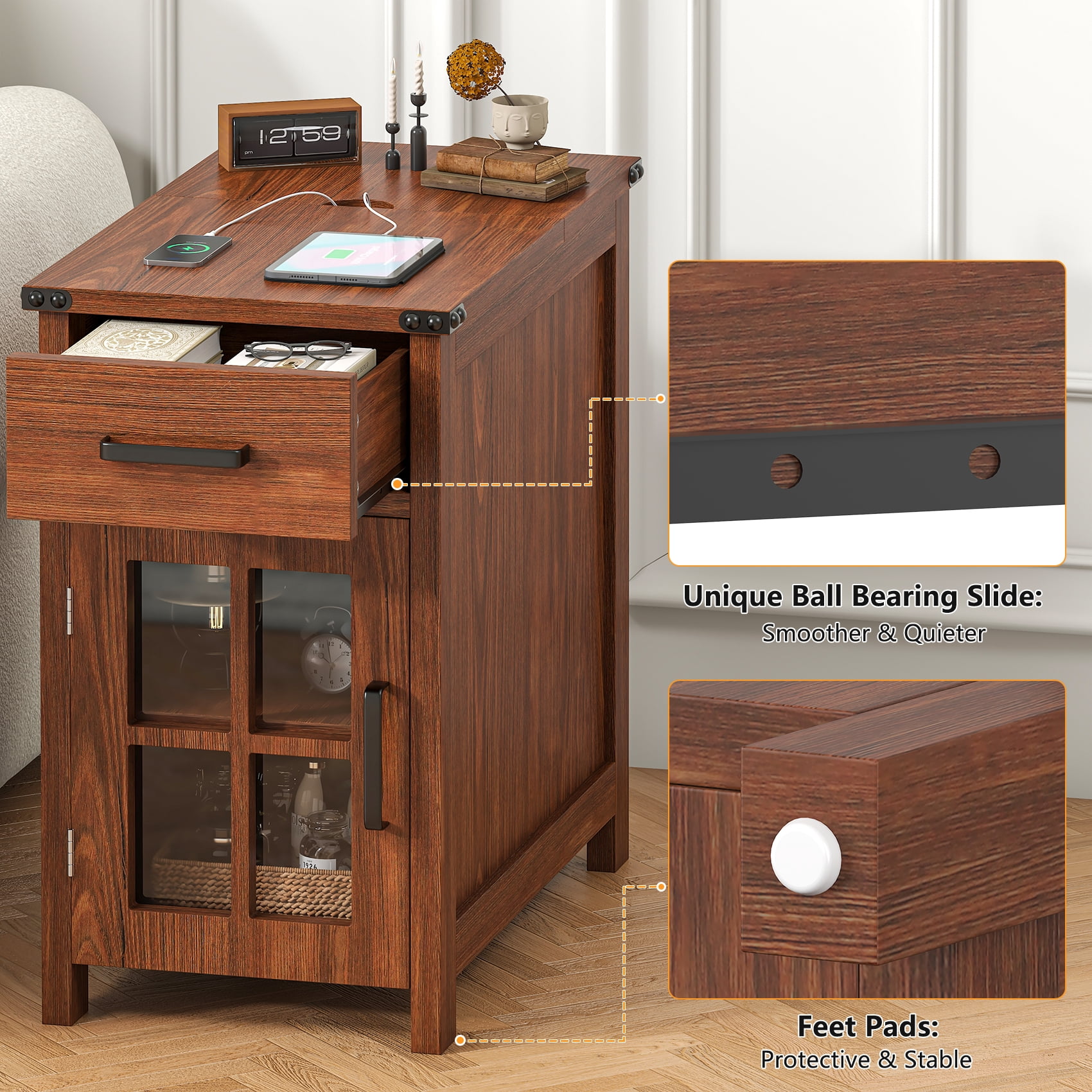 Winkalon Farmhouse End Table with Charging Station, Sofa Side Table with Drawer and Storage Cabinet, Small Nightstand for for Living Room, Bedroom
