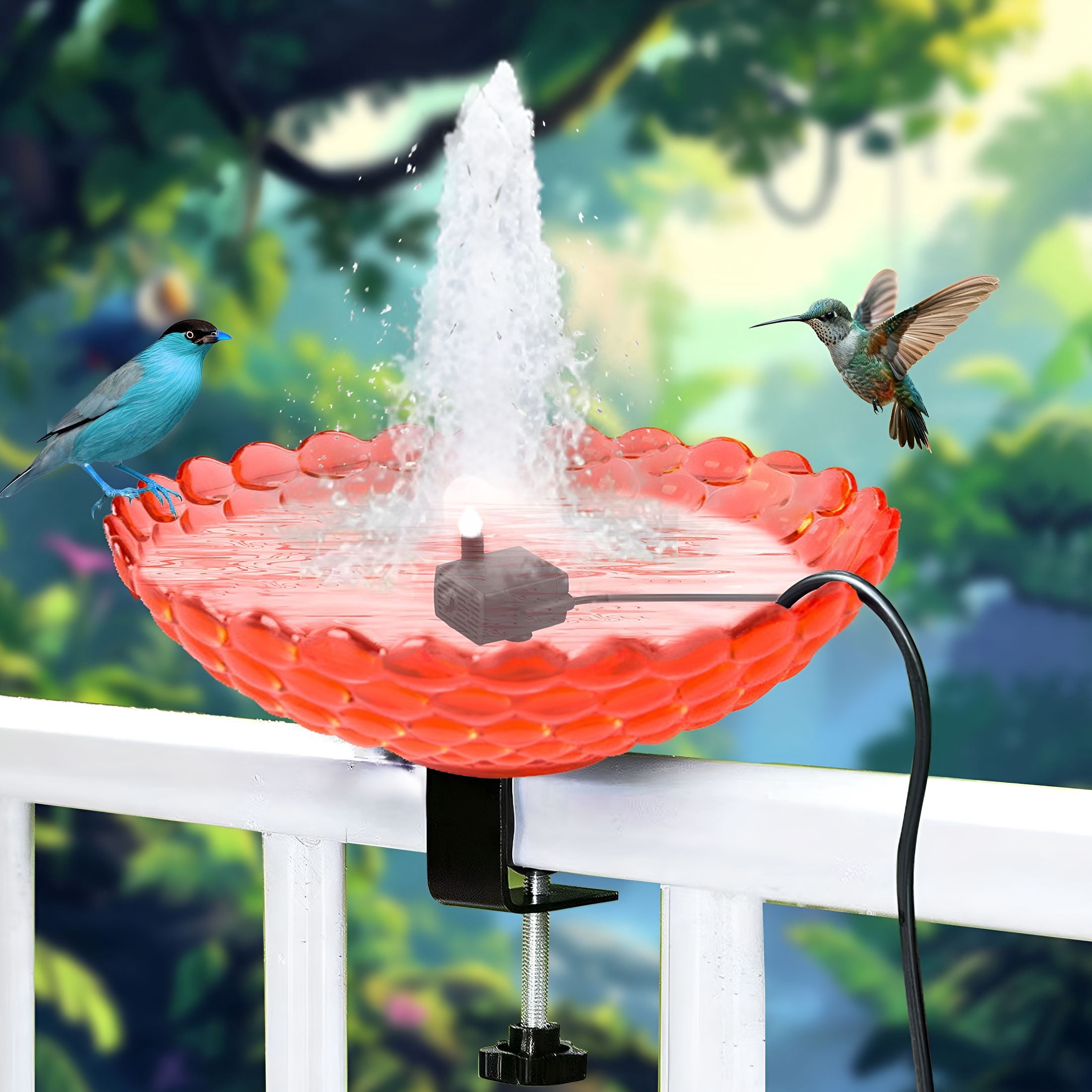 ACDANC Red Clip-On Bird Bath Fountain - Mini Water Feature for Garden, Balcony Patio Decor, Outdoor Yard Decor