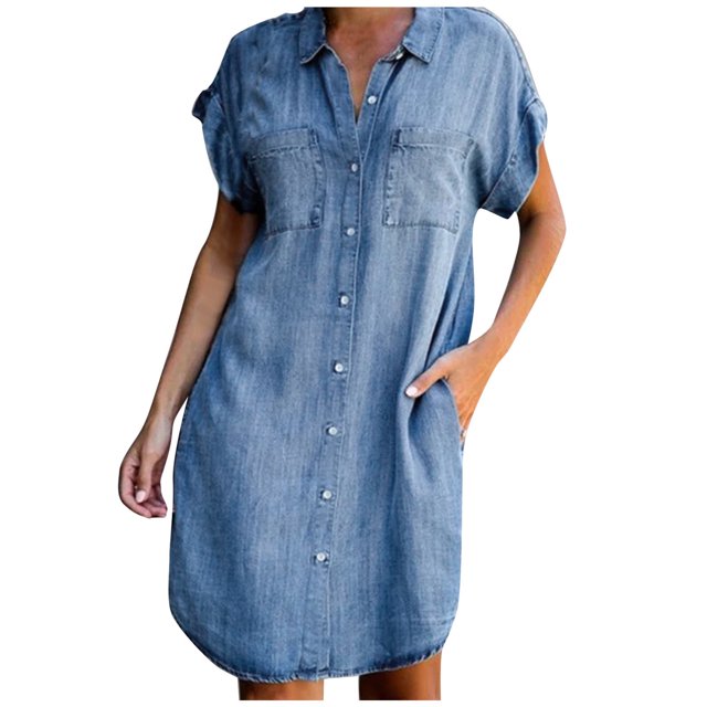 OAVQHLG3B Vestido camisero de mezclilla de verano para mujer, manga corta, holgado, de mezclilla, midi, con botones, informal, vestido recto, túnica superior