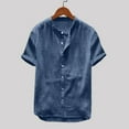 thumbnail image 2 of Rigardu mens dress shirts Shirts Solid Baggy Color Tops Men's Blouse Cotton T Short Sleeve Retro Men's Blouse dress shirts for men mens shirts Navy + XL, 2 of 6