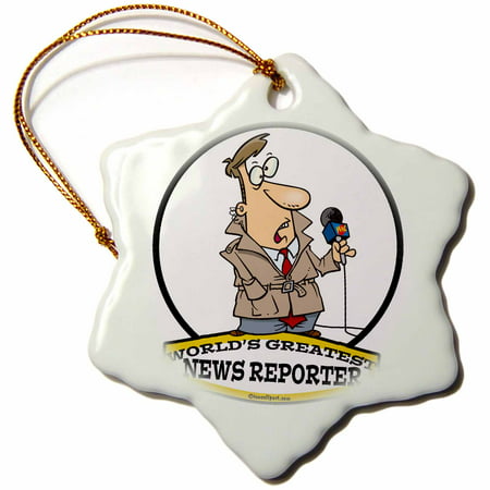 3dRose Funny Worlds Greatest News Reporter II Occupation Job Cartoon, Snowflake Ornament, Porcelain, 3-inch
