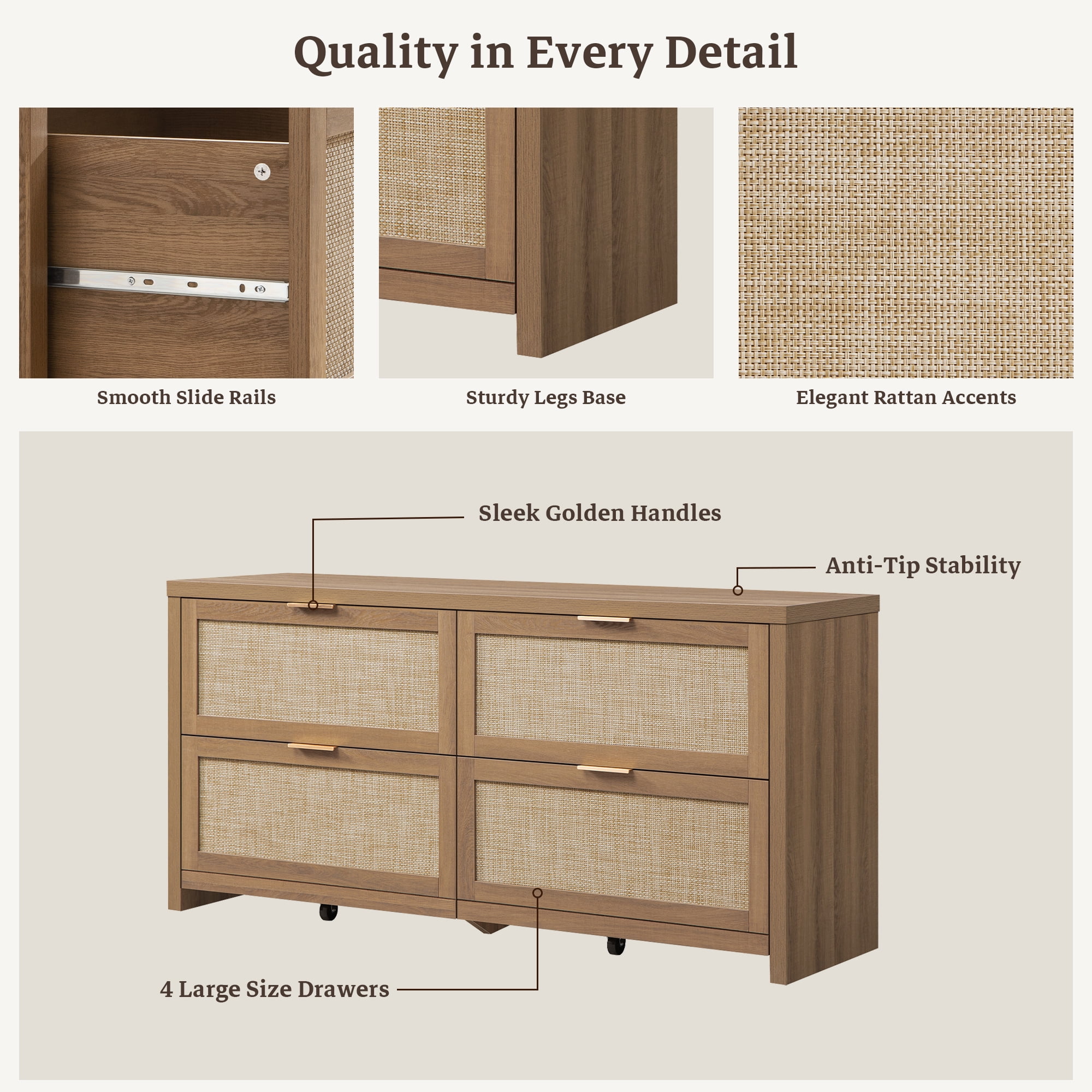 SICOTAS 60.83" Wide Large 4 Drawer Dresser for Bedroom, Oversized Rattan Dressers with Gold Handles & Rolling Wheels, Boho Dresser TV Stand up to 70" TV for Living Room, Oak