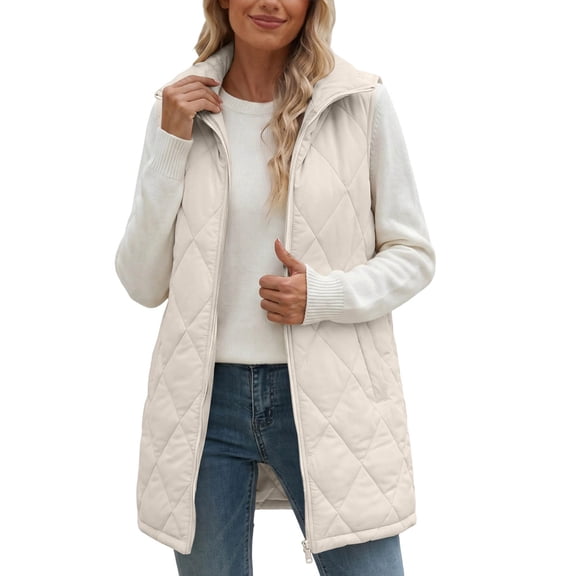 Xdegoge Womens Long Quilted Vest Stand Collar Sleeveless Longline Puffer Jacket Diamond Pattern Zip Up Lightweight Fall Winter Casual Outerwear