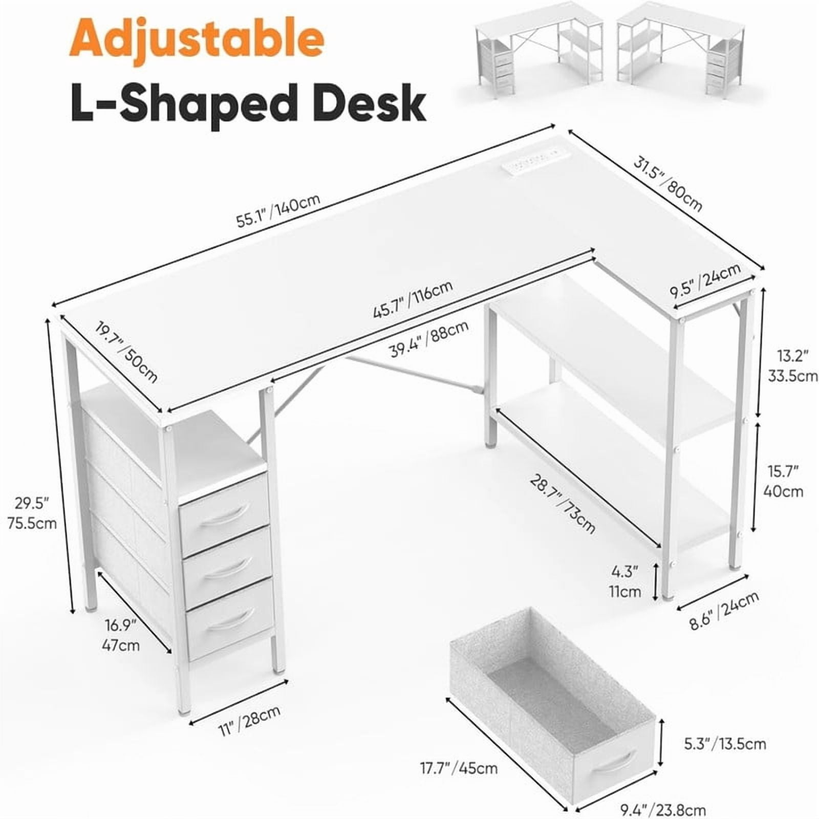 Kelno 55 Inch L Shaped Computer Desk with Power Outlets Adjustable Shelf 3 Fabric Drawer,White