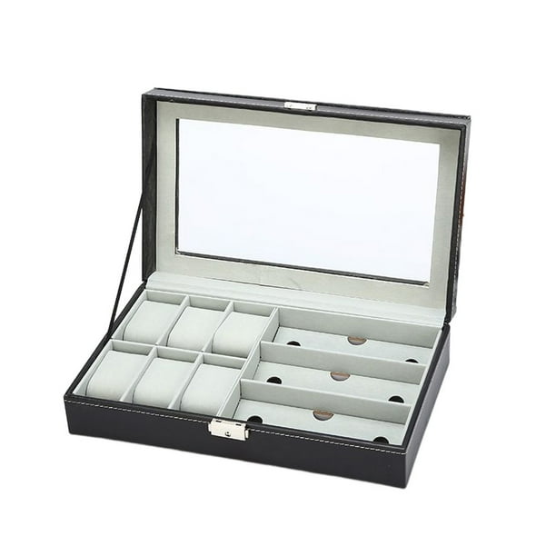 Sonducket Caja para reloj con 6 y 3 ranuras, organizador de gafas de exhibición de almacenamiento de cuero, gafas de sol exquisitas, estuche Ropa, zapatos y accesorios Miscelánea Negro