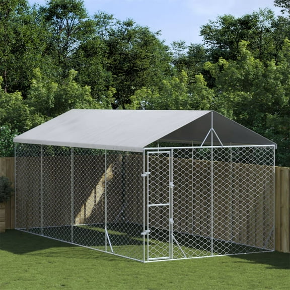vidaXL Outdoor Dog Kennel Silver Galvanized steel, Polyethylene Large