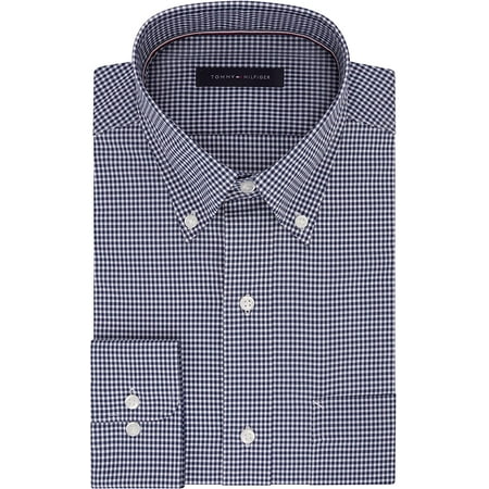 Tommy Hilfiger Mens Dress Shirt Regular Fit Non Iron Gingham 16 Neck 32-33 Sleeve Navy