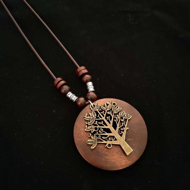 Collar largo Heldig con forma de hoja de aleación de madera estilo étnico con accesorios de algodón y lino vintage para mujer